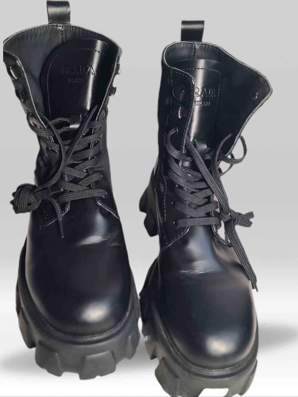 Prada Black Lug Sole Triangle Monolith Ankle Combat Boots